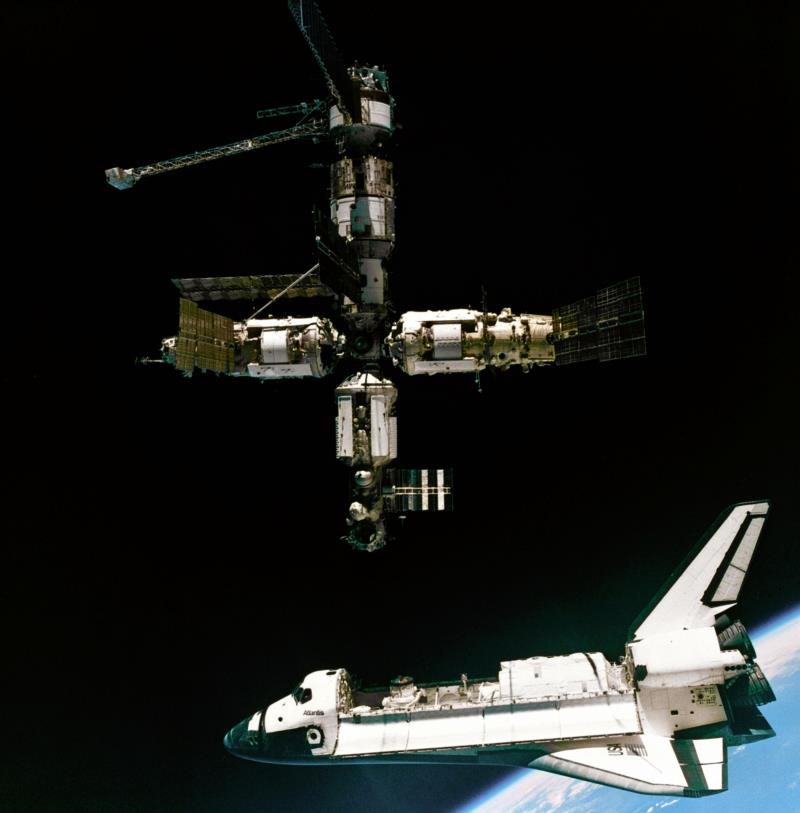 In what year did the US shuttle dock with a Russian space station for the first time? In what year did the US shuttle dock with a Russian space station for the first time?