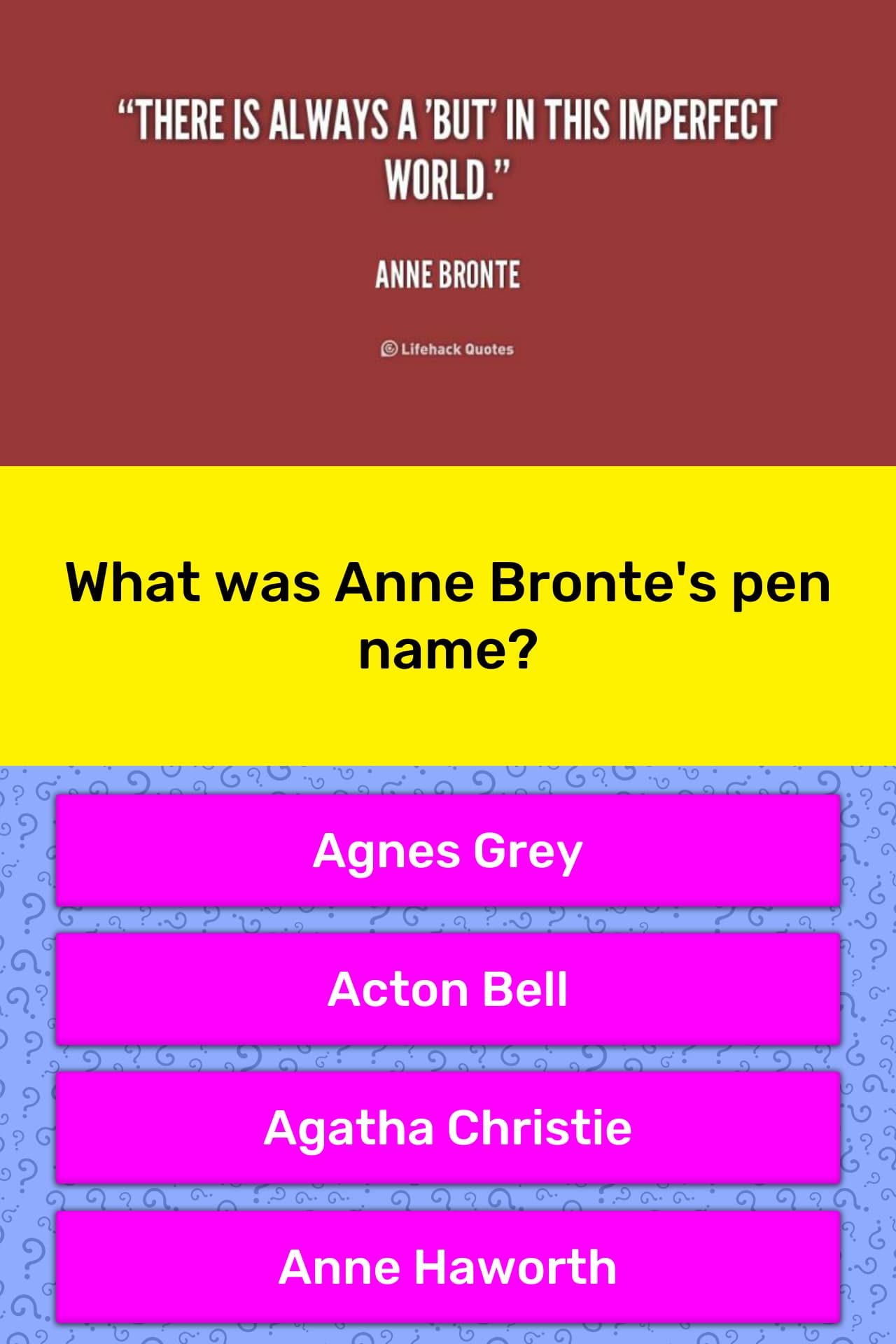 What was Anne Bronte s pen name Trivia Answers QuizzClub