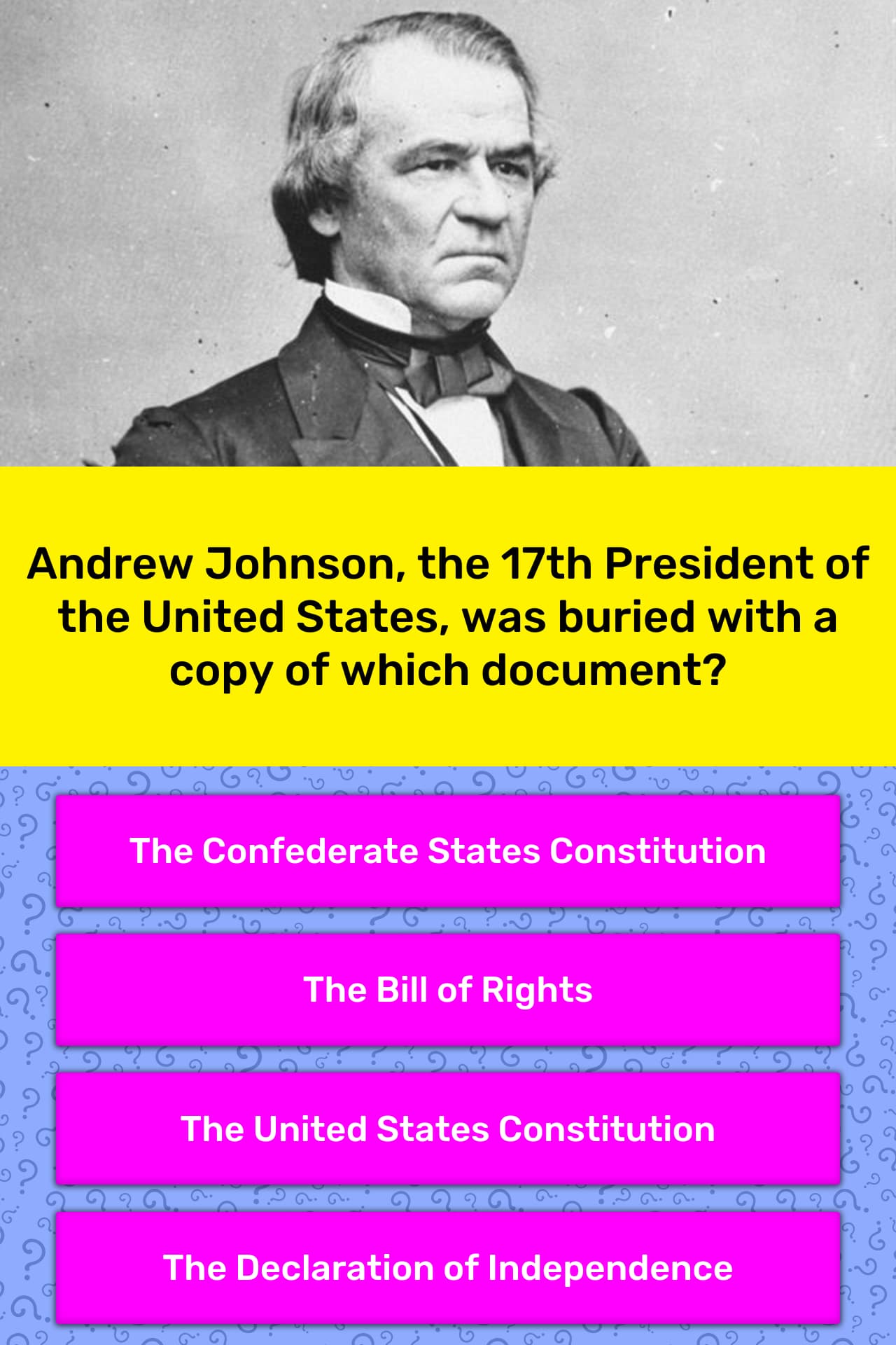 Andrew Johnson The 17th President Of The United States Was Buried With A Copy Of Which Document 