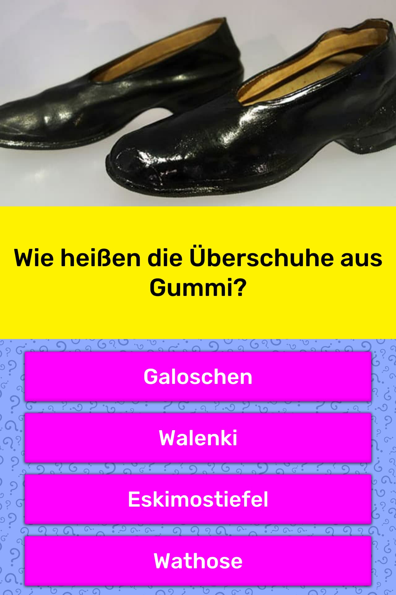 Wie heißen die Überschuhe aus Gummi? | Quiz-Antworten Wie heißen die Überschuhe aus Gummi? | Quiz-Antworten