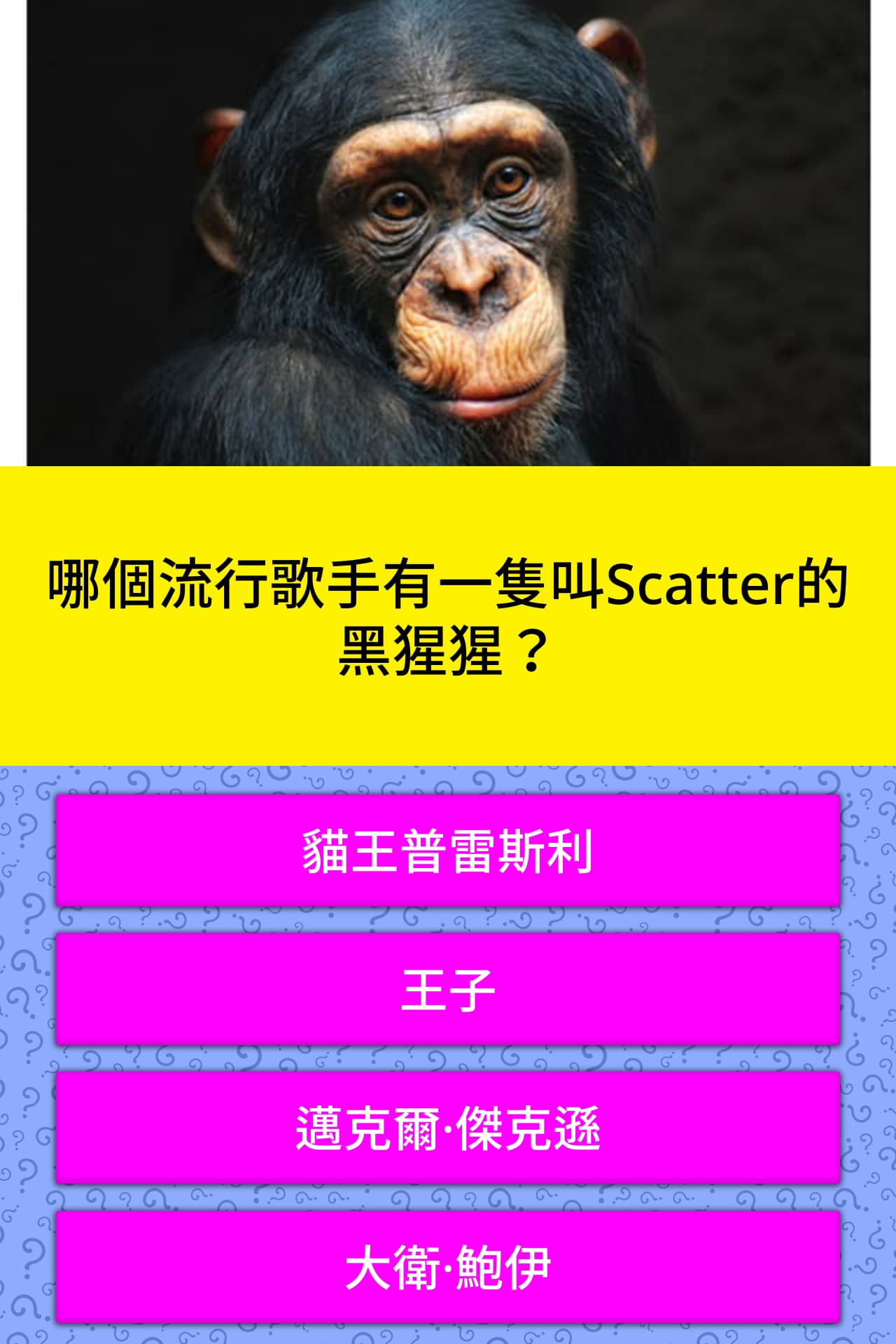 哪個流行歌手有一隻叫scatter的黑猩猩 小問題 Quizzclub