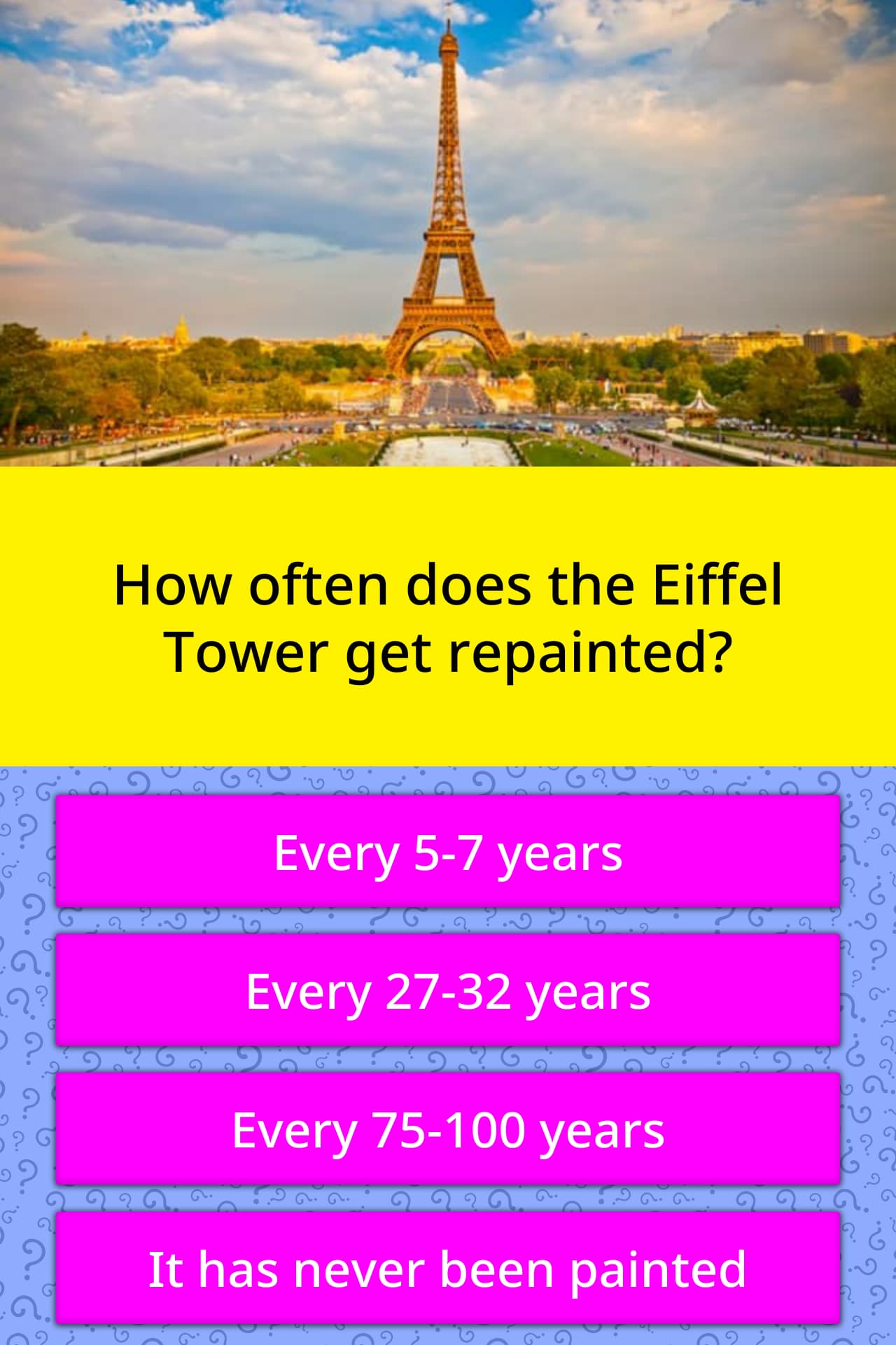 How often does the Eiffel Tower get... | Trivia Answers | QuizzClub